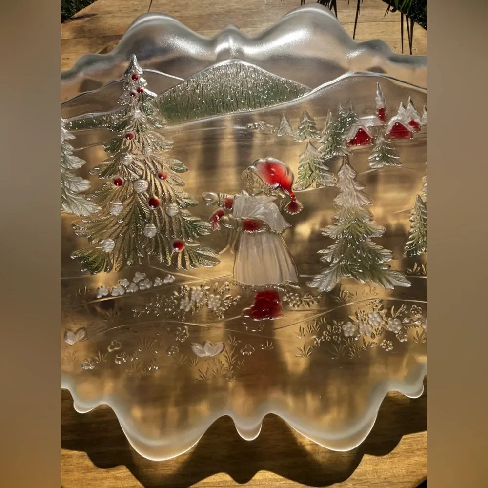 Mikasa Frosted Colored Glass Holiday Christmas Tree Tray w/Little Girl Red/Green